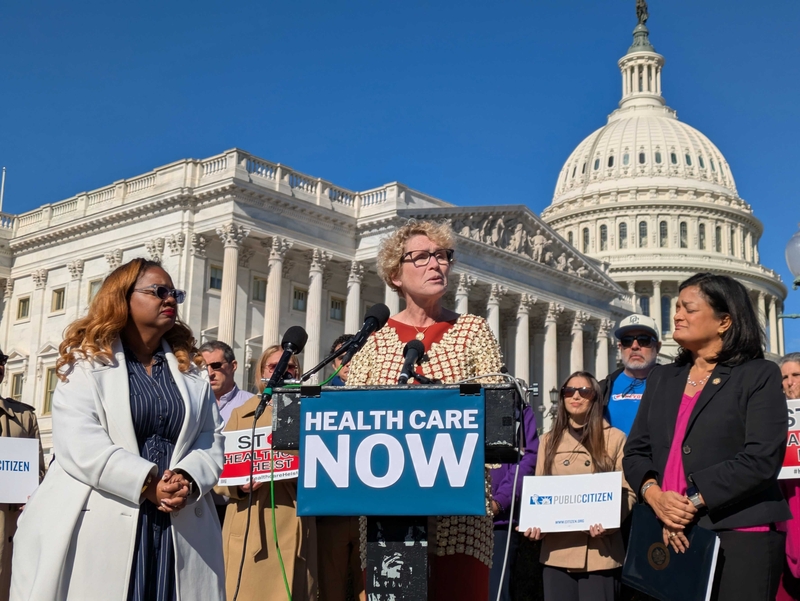 From left to right, April Verette, president of SEIU, and Reps. Chrissy Houlahan, D-Pa., and Pramila Jayapal, D-Wash., spoke outside the U.S. Capitol on Thursday, Nov. 6, 2025, at a press conference urging Senate Democrats to "hold the line" on day 37 of the federal government shutdown. (Photo by Ashley Murray/States Newsroom)