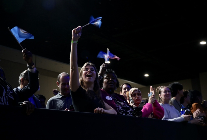 The crowd cheers for Virginia Democrat Abigail Spanberger at her election night watch party in Richmond on Nov. 4, 2025.