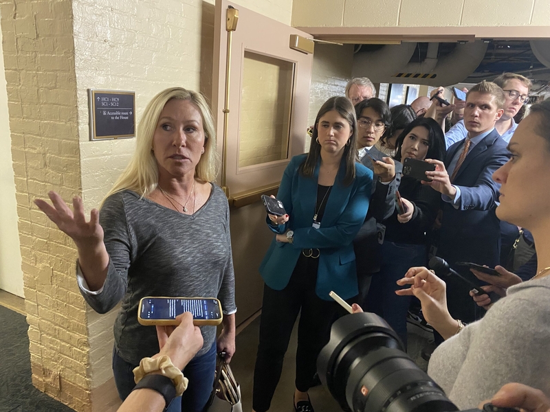 U.S. Rep. Marjorie Taylor Greene, R-Ga., speaks to reporters at the U.S. Capitol on Oct. 9, 2023. (Photo by Jennifer Shutt/States Newsroom)