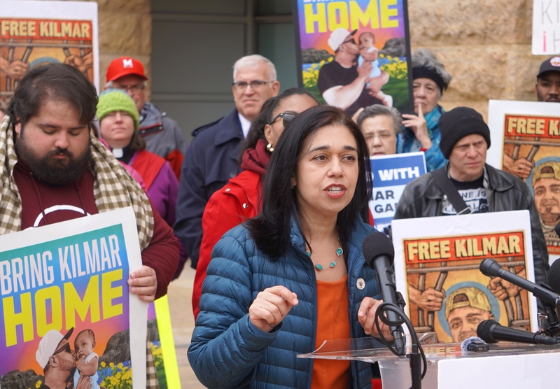 Natali Fani-González, a Democrat who serves on the Montgomery County Council, speaks during a rally on Nov. 20, 2025 outside the U.S. District Court in Greenbelt, Maryland in support of Kilmar Abrego Garcia, who had a hearing in court. (Photo by William J. Ford/Maryland Matters)