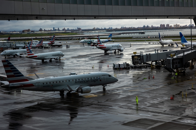 Planes line up on the tarmac at LaGuardia Airport on Nov. 10, 2025 in New York City. (Photo by Spencer Platt/Getty Images)