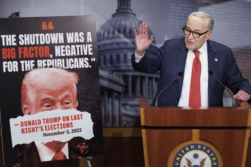 Senate Minority Leader Chuck Schumer, D-N.Y., speaks to reporters during a news conference on Nov. 5, 2025 on Capitol Hill in Washington, D.C. (Photo by Tom Brenner/Getty Images)