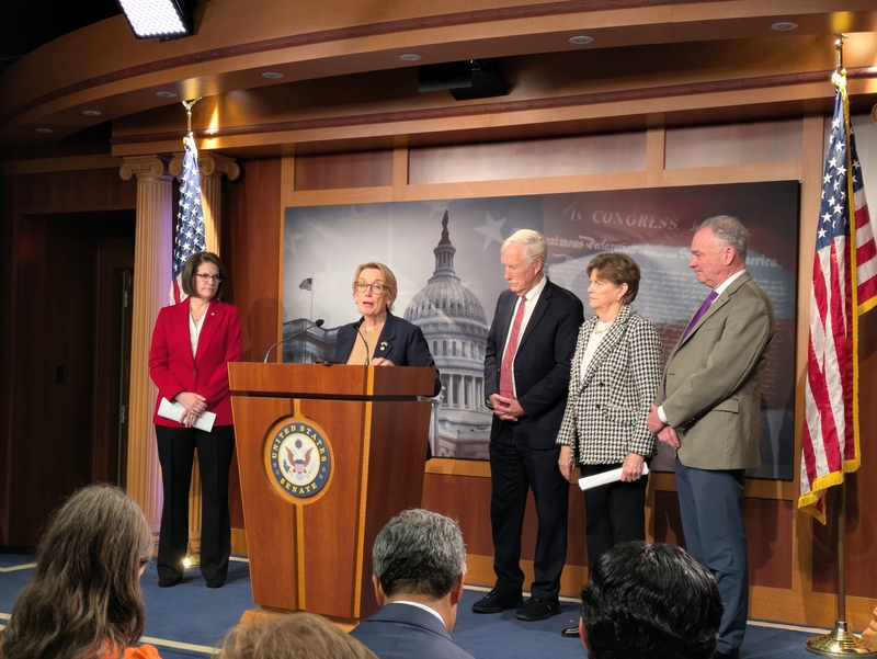 Democratic Sen. Maggie Hassan of New Hampshire speaks at a press conference on Nov. 9, 2025, following a vote on advancing legislation to end the government shutdown. Sen. Catherine Cortez Masto, D-Nev., is at left. At right are independent Sen. Angus King of Maine and Democratic Sens. Jeanne Shaheen of New Hampshire and Tim Kaine of Virginia. (Photo by Ashley Murray/States Newsroom)