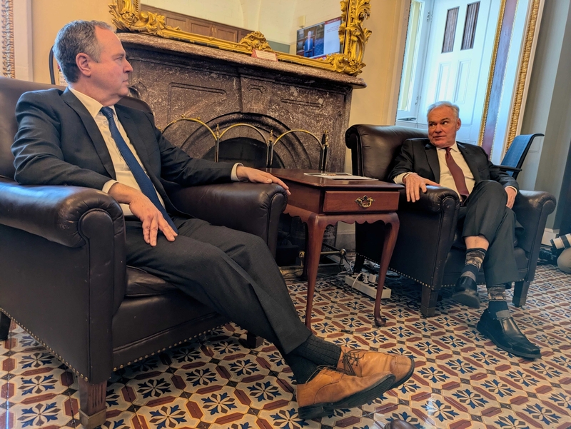 Sen. Adam Schiff of California, left, and Sen. Tim Kaine of Virginia, both Democrats, talk to reporters at the U.S. Capitol on Nov. 6, 2025. (Photo by Ashley Murray/States Newsroom)