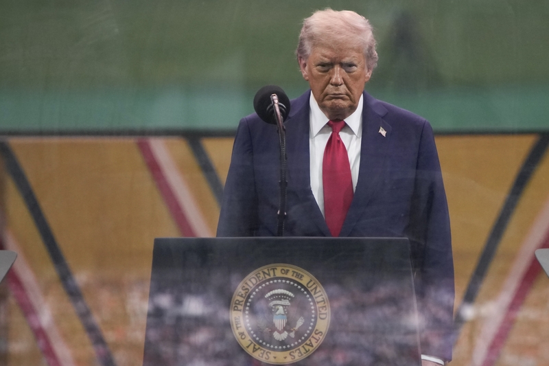 President Donald Trump prepares to speak after watching as members of the U.S Army participated in the 250th birthday parade of the U.S. Army June 14, 2025, in Washington, D.C.  (Photo by Andrew Harnik/Getty Images)