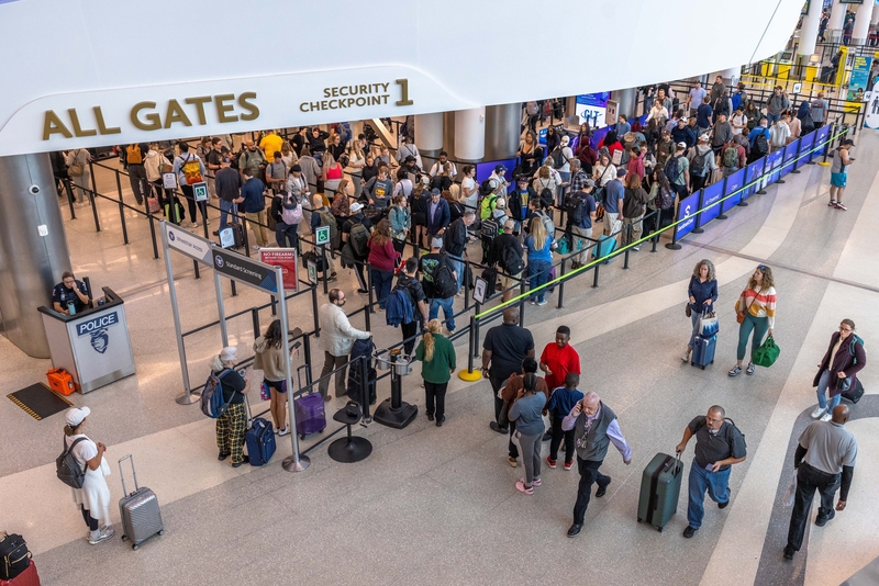 People wait in line at a security checkpoint at Charlotte-Douglas International Airport  on Nov. 9, 2025 in Charlotte, North Carolina. The FAA has targeted 40 "high-volume" airports, including Charlotte-Douglas International Airport, for flight cuts amid the government shutdown. (Photo by Grant Baldwin/Getty Images)