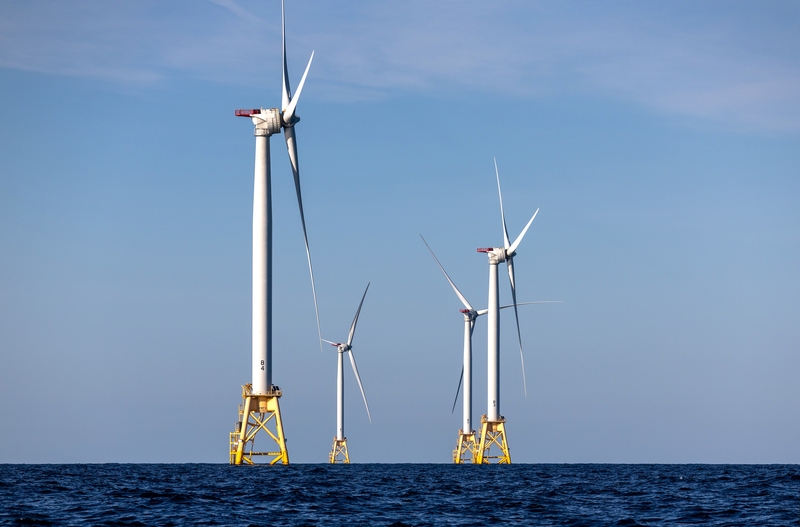 Wind turbines generate electricity at the Block Island Wind Farm on July 07, 2022 near Block Island, Rhode Island. The first commercial offshore wind farm in the United States is located 3.8 miles from Block Island, Rhode Island in the Atlantic Ocean. The five-turbine, 30 MW project was developed by Deepwater Wind and began operations in December, 2016 at a cost of nearly $300 million. (Photo by John Moore/Getty Images)