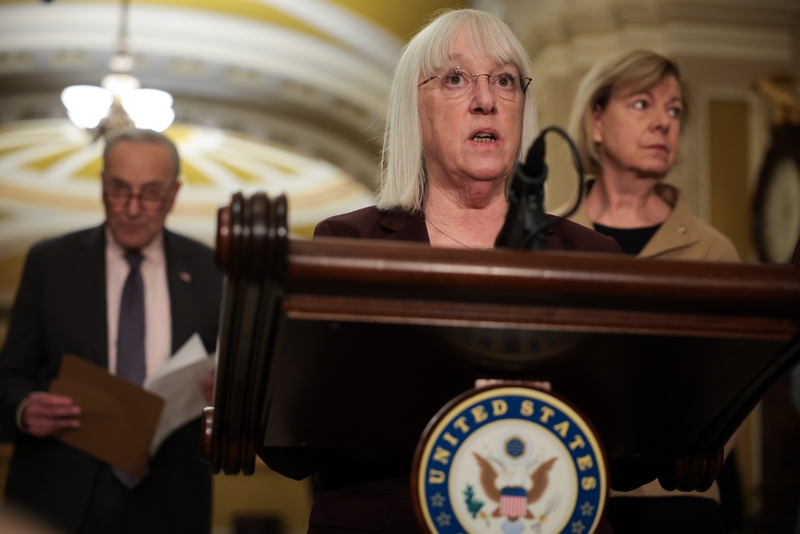 WASHINGTON, DC - FEBRUARY 25: U.S. Sen. Patty Murray (D-WA) (C) accompanied by Senate Minority Leader Chuck Schumer (D-NY) (L) and Tammy Baldwin (D-WI) (R) speaks to reporters following the weekly Senate Democrat caucus policy luncheon at the U.S. Capitol on February 25, 2025 in Washington, DC. Senators spoke about the House budget plan, Medicaid, and other topics. (Photo by Kayla Bartkowski/Getty Images)