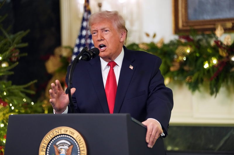 U.S. President Donald Trump addresses the nation from the Diplomatic Room of the White House on December 17, 2025