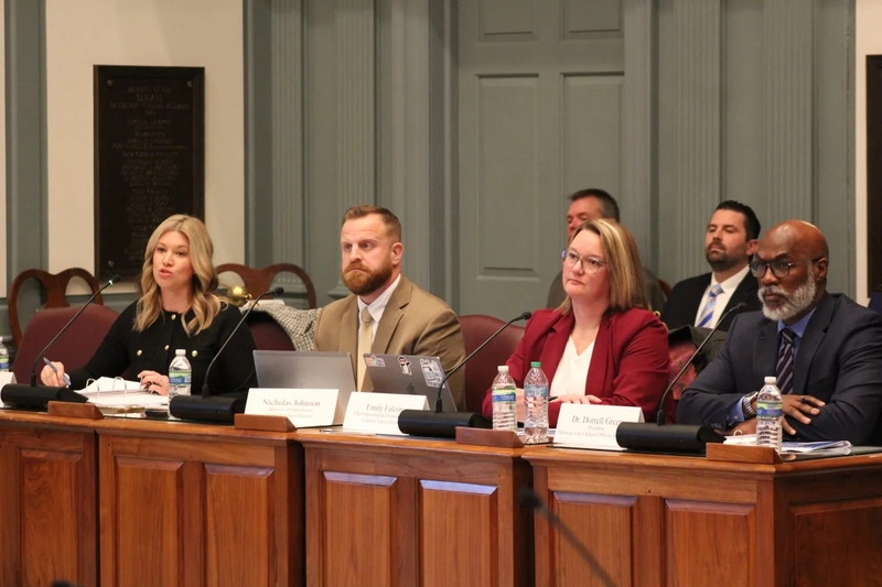 A panel of public school leaders (from left: Delmar School District Chief Operating Officer Monet Smith, Polytech School District Director of Operations Nick Johnson, Colonial School District Chief Operating Officer Emily Falcon &amp; Red Clay School District Superintendent Dorrell Green) testified before the General Assembly's committee investigating the impacts of Delaware's first-in-40-year property reassessment. | SPOTLIGHT DELAWARE PHOTO BY TIM CARLIN