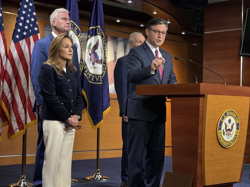U.S. House Speaker Mike Johnson, R-La., talks with reporters during a press conference on Wednesday, Dec. 10, 2025. Also pictured from left are Republican Conference Chairwoman Lisa McClain of Michigan, Majority Whip Tom Emmer of Minnesota and Majority Leader Steve Scalise of Louisiana. (Photo by Jennifer Shutt/States Newsroom)