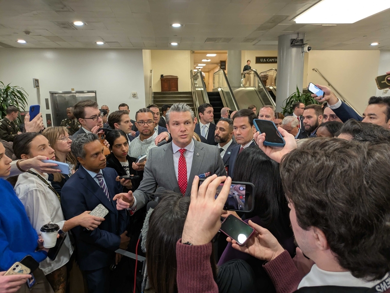 Secretary of Defense Pete Hegseth and Secretary of State Marco Rubio speak to reporters following a closed-door briefing with all senators about U.S. military action in the Caribbean Sea and Eastern Pacific Ocean. (Photo by Ashley Murray/States Newsroom)