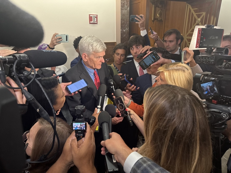 Sen. Bill Cassidy, R-La., answers questions from reporters after chairing a hearing of the Senate Health, Education, Labor and Pensions Committee on Sept. 17, 2025. (Photo by Jennifer Shutt/States Newsroom)