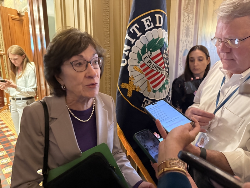 U.S. Senate Appropriations Committee Chairwoman Susan Collins, R-Maine, speaks with reporters inside the Capitol building in Washington, D.C., on Monday, Sept. 29, 2025. (Photo by Jennifer Shutt/States Newsroom)