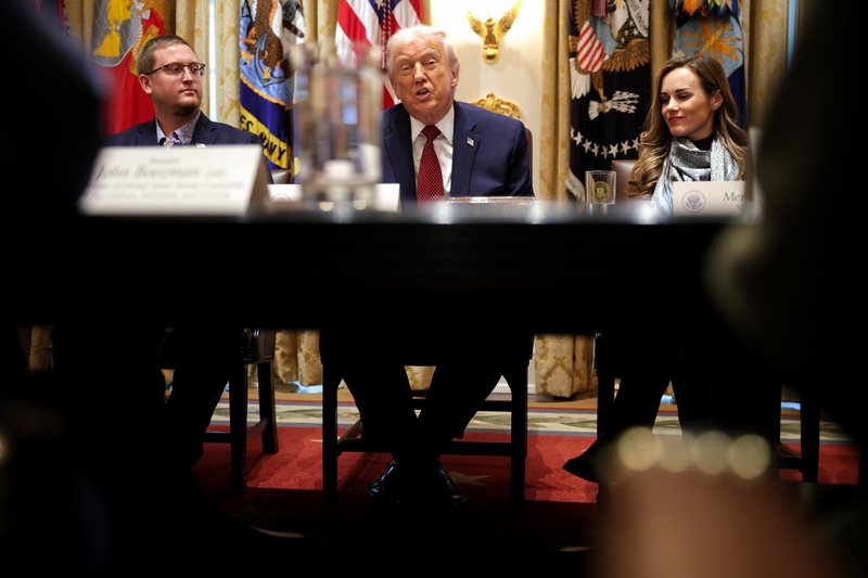 President Donald Trump participates in a roundtable discussion with farmers and lawmakers in the Cabinet Room of the White House on Dec. 8, 2025 in Washington, D.C. Left is Cordt Holub of Dysart, Iowa, and right is Meryl Kennedy of Monroe, Louisiana.(Photo by Alex Wong/Getty Images)