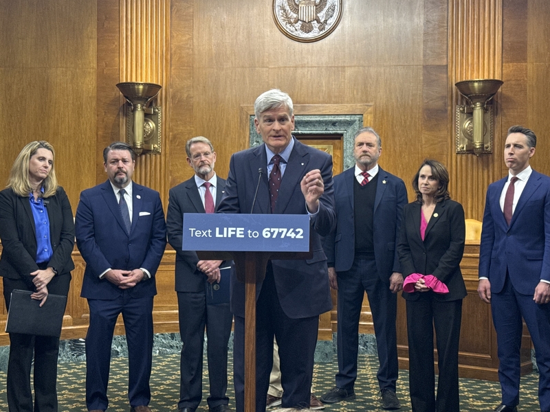 Louisiana Republican U.S. Sen. Bill Cassidy speaks during a press conference on Wednesday, Jan. 14, 2026. Also pictured, from left, are Family Foundation of Virginia President Victoria Cobb, National Association of Christian Lawmakers Founder and President Jason Rapert, Family Research Council President Tony Perkins, Ohio Attorney General Dave Yost, Louisiana Attorney General Liz Murrill and Missouri Republican U.S. Sen. Josh Hawley. (Photo by Jennifer Shutt/States Newsroom)