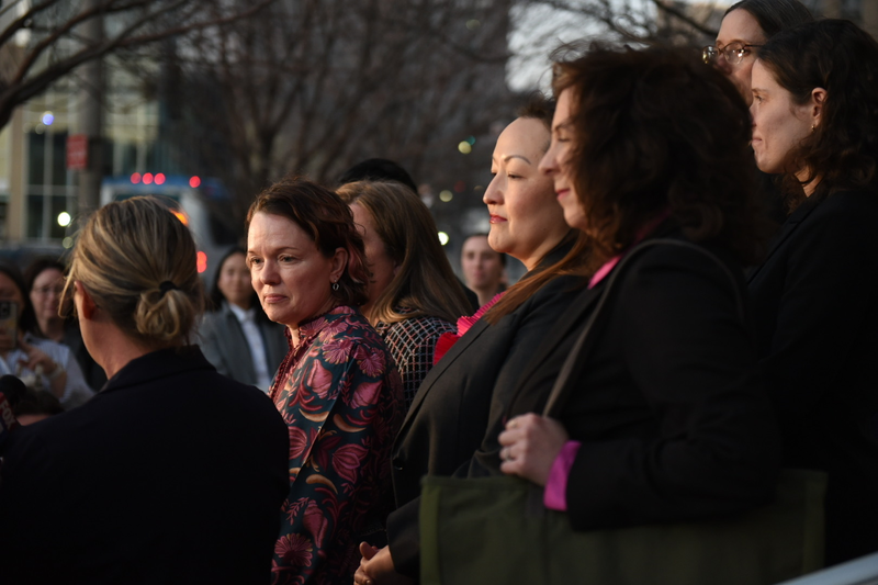 Dr. Margaret Baum, chief medical officer for Planned Parenthood Great Rivers, stands with attorneys from the Planned Parenthood Federation of American on the steps of the Jackson County Courthouse in Kansas City.