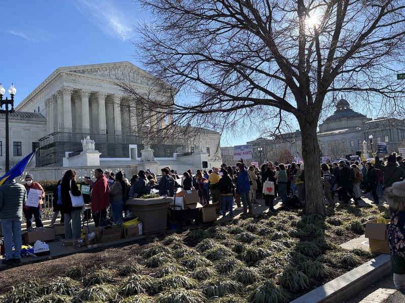 Demonstrators rally outside the U.S. Supreme Court on Tuesday, Jan. 13, 2026, as justices heard two cases on state bans of trans athletes. (Photo by Jane Norman/States Newsroom)