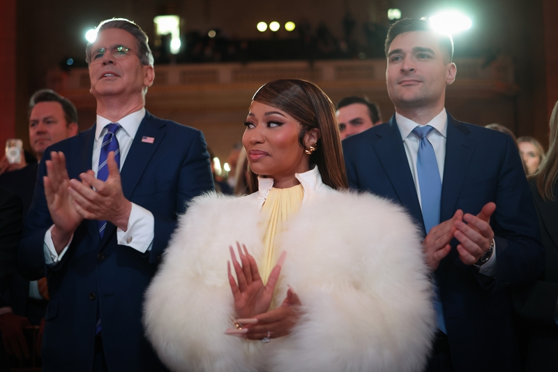 Musician Nicki Minaj attends the Treasury Department's Trump Accounts Summit with U.S. Treasury Secretary Scott Bessent, left, at the Andrew W. Mellon Auditorium on Jan. 28, 2026 in Washington, DC.  (Photo by Win McNamee/Getty Images)