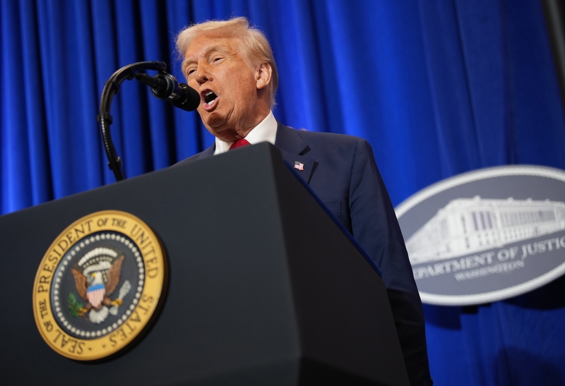 President Donald Trump speaks at the Justice Department March 14, 2025, in Washington, DC.  (Photo by Andrew Harnik/Getty Images)