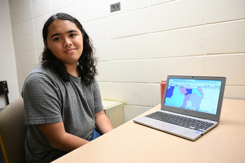 Daniel DiDonato, an 18-year-old student at the University of Alabama, working on a state Senate district map in a common study area in Martha Parham Hall in Tuscaloosa, Alabama, on Nov. 20, 2025. DiDonato created the map that a federal judge ordered to be implemented for Alabama's 2026 and 2030 elections after ruling that the Montgomery-area districts violated Section 2 of the Voting Rights Act. (Anna Barrett/Alabama Reflector)