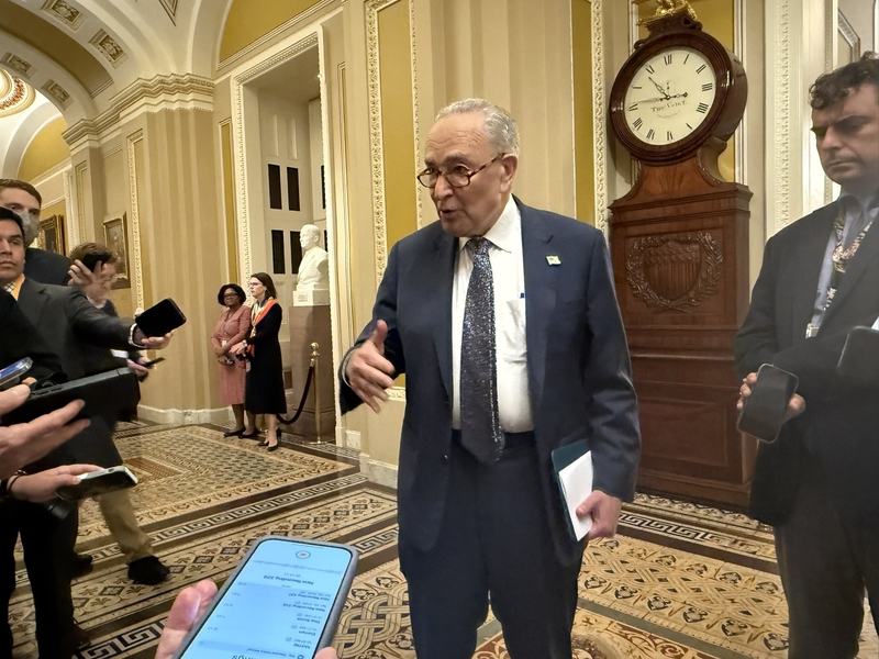 Senate Democratic Leader Chuck Schumer speaks to reporters at the U.S. Capitol on June 17, 2025. (Photo by Jennifer Shutt/States Newsroom)