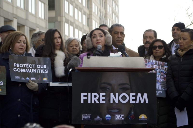 Rep. Delia Ramirez, D-Ill., a member of the U.S. House Subcommittee on Border Security and Enforcement and of the Congressional Hispanic Caucus, speaks outside of U.S. Immigration and Customs Enforcement headquarters in Washington, D.C., on Feb. 3, 2026. (Photo by Ashley Murray/States Newsroom)