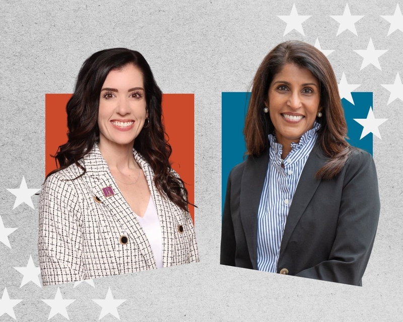 Republican Emily Thompson, left, and Democrat Nisha Lodhavia have filed to run in the Senate District 15 race to succeed Republican Dave Lawson. | SPOTLIGHT DELAWARE GRAPHIC BY ELSA KEGELMAN