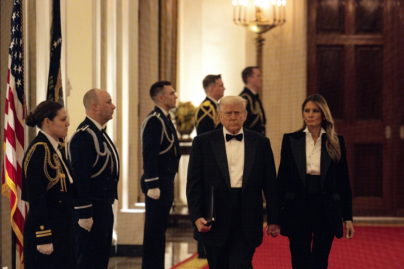 President Donald Trump and first lady Melania Trump arrive for the National Governors Association Evening Dinner and Reception in the East Room of the White House on Feb. 22, 2025 in Washington, D.C. Trump hosted the governors in Washington for the annual National Governors Association meetings. (Photo by Tierney L. Cross/Getty Images)