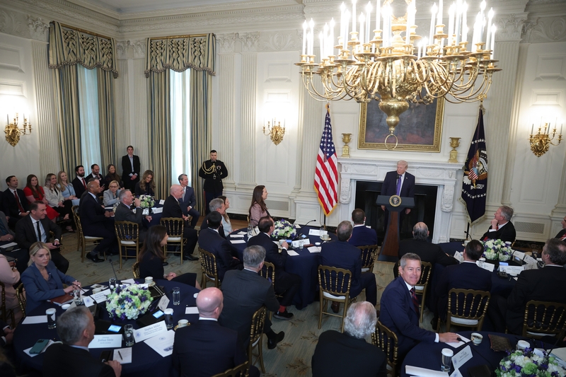 President Donald Trump delivers remarks during a working breakfast with governors in the State Dining Room at the White House on Feb. 20, 2026 in Washington, D.C. (Photo by Kevin Dietsch/Getty Images)