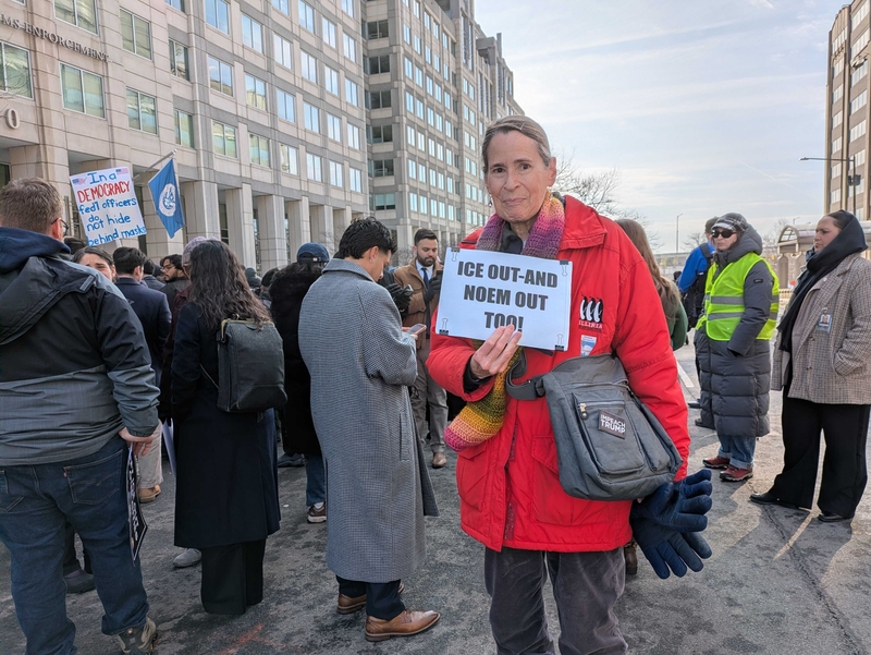Jeanne Ferris, 71, of Bethesda, Maryland, attended a protest held by congressional Democrats outside the U.S. Immigration and Customs Enforcement headquarters in Washington, D.C., on Feb. 3, 2026.(Photo by Ashley Murray/States Newsroom)