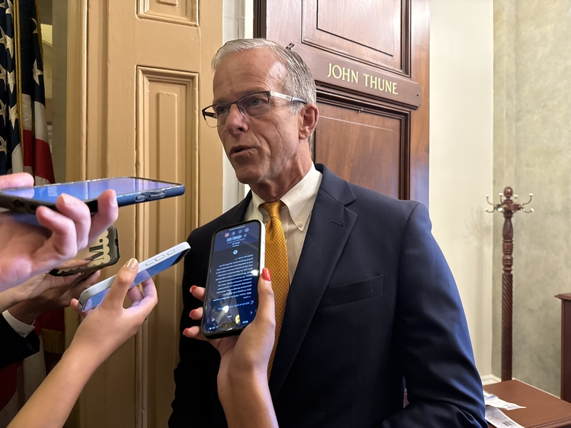 U.S. Senate Majority Leader John Thune, R-S.D., speaks with reporters on Capitol Hill on Friday, Sept. 19, 2025. (Photo by Jennifer Shutt/States Newsroom)