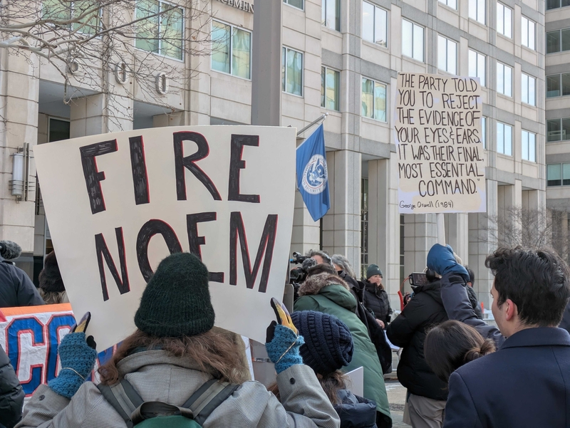A protest led by congressional Democrats outside U.S. Immigration and Customs Enforcement headquarters in Washington, D.C., on Feb. 3, 2026, attracted a crowd of up to a couple hundred. (Photo by Ashley Murray/States Newsroom)