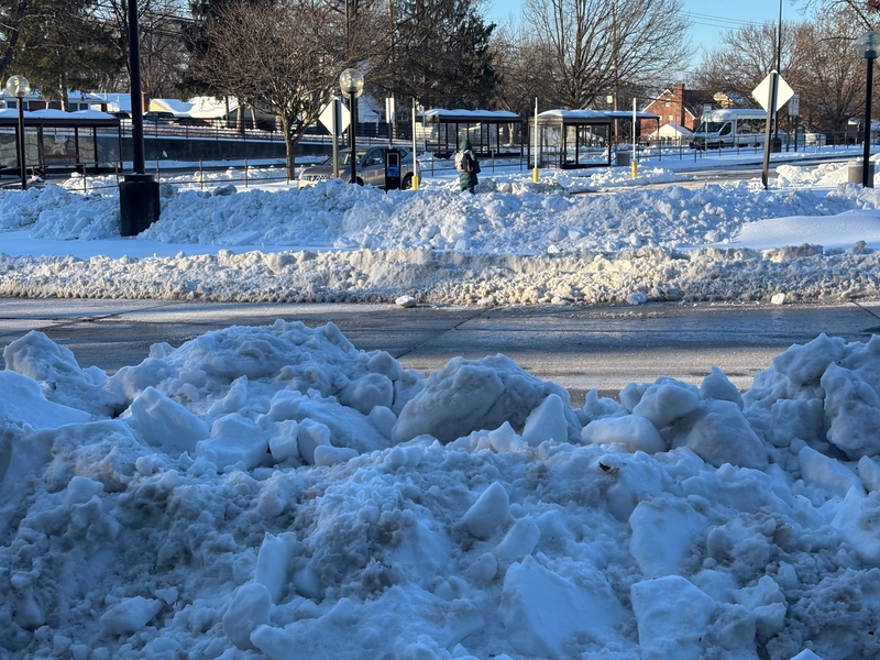 Snow boulders in the Forest Glen Metro parking lot in Silver Spring, Maryland, on Jan. 29, 2026, days after Winter Storm Fern hit the region. (Photo by Jane Norman/States Newsroom)