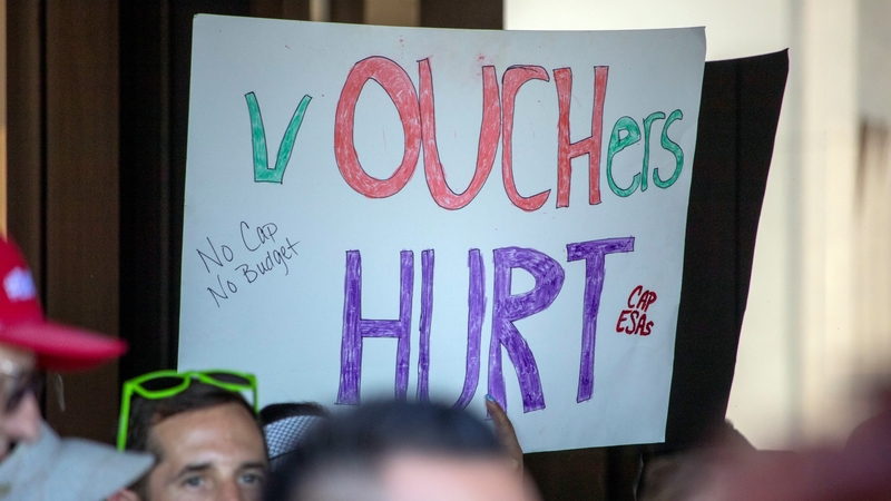 A sign held by a teacher at a rally at the Arizona Capitol on June 5, 2024, to advocate for restrictions on the state’s school voucher system, known as Empowerment Scholarship Accounts. (Photo by Jerod MacDonald-Evoy/Arizona Mirror)
