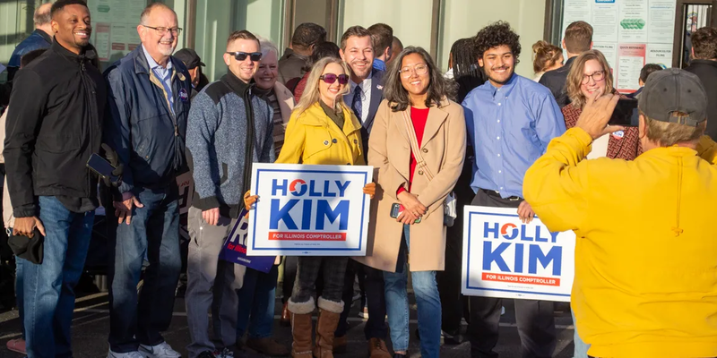 Lake County Treasurer Holly Kim stands with supporters outside the Illinois State Board of Elections in Springfield on petition filing day on Oct. 27, 2025. (Capitol News Illinois photo by Jerry Nowicki)