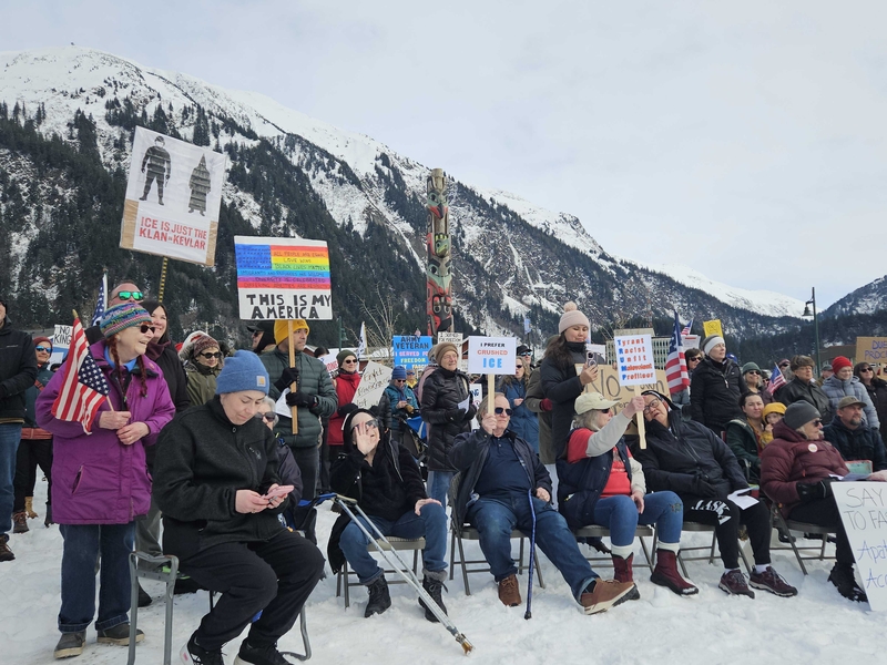 In Juneau, Alaska, protesters gather for the No Kings protest at Overstreet Park on the waterfront. (Photo by Corinne Smith/Alaska Beacon)