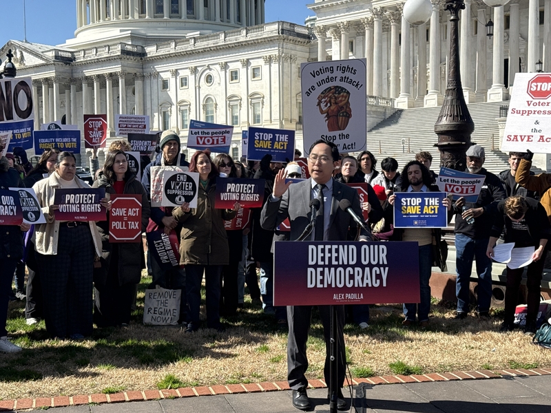 New Jersey Democratic Sen. Andy Kim speaks out against a voter identification bill during a press conference outside the U.S. Capitol building in Washington, D.C., on March 18, 2026. (Photo by Jennifer Shutt/States Newsroom)