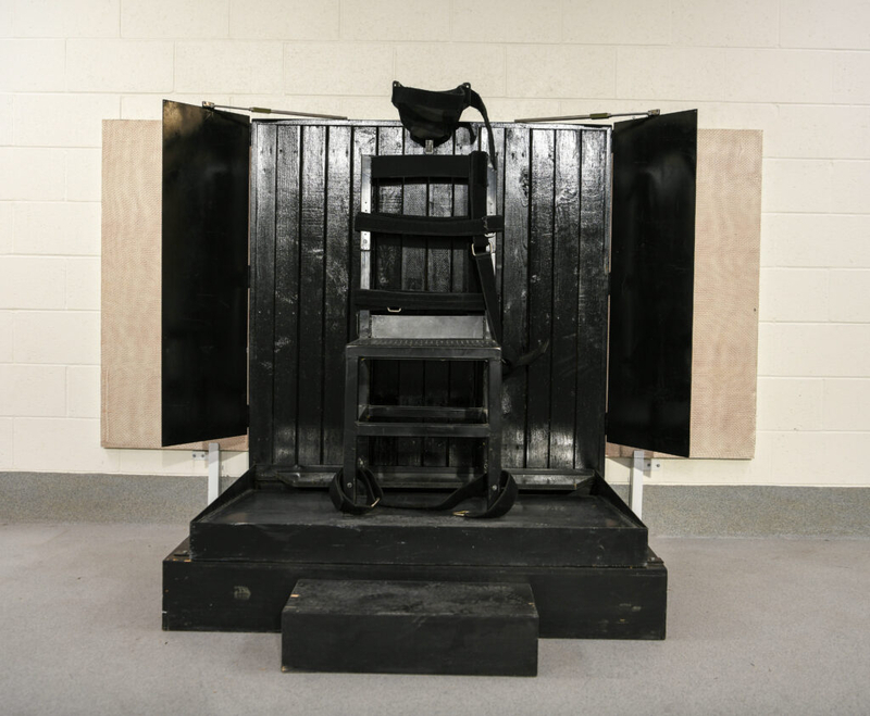 The chair used for firing squad executions is shown in the execution chamber at the Utah State Correctional Facility.