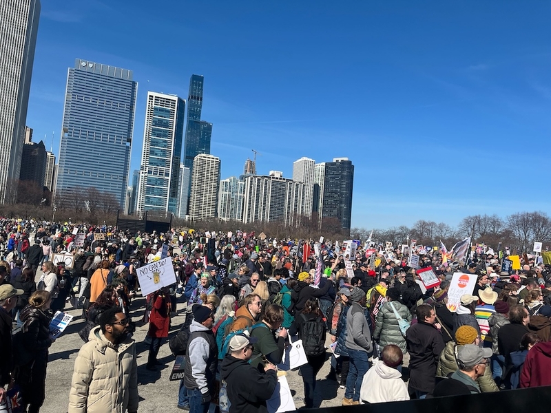 The No Kings protest hits the streets of Chicago, Illinois, as a crowd of thousands makes its way toward Ida B. Wells Drive on Saturday, March 28, 2026. (Photo by Robbie Sequeira/Stateline)