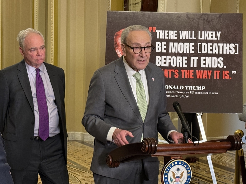 Senate Majority Leader Chuck Schumer, D-N.Y., speaks to reporters on March 3, 2026 at the U.S. Capitol. Sen. Tim Kaine, D-Va., is at left. (Photo by Jennifer Shutt/States Newsroom)