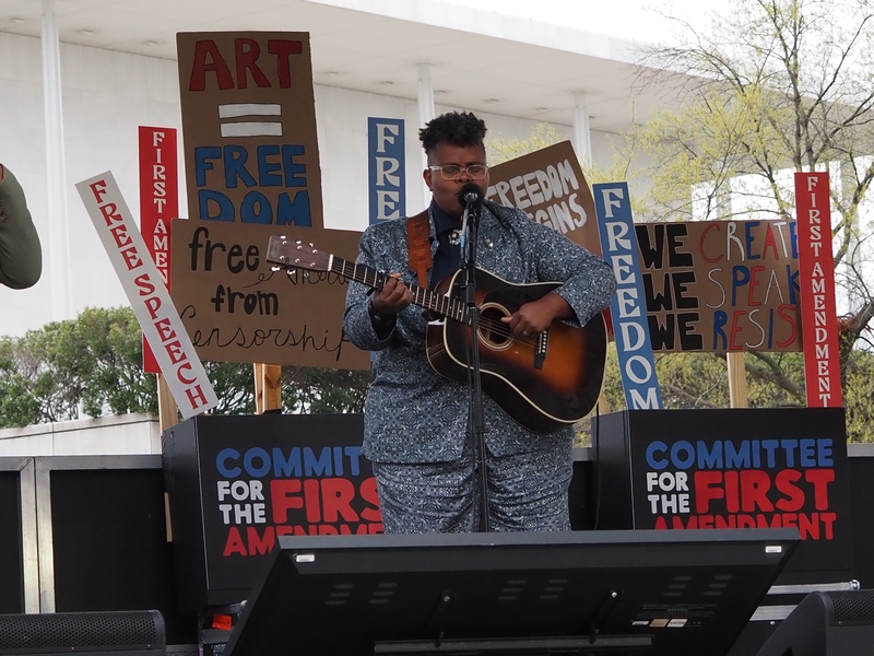 Folk singer Crys Matthews, a Tennessee native, performs outside the John F. Kennedy Center at the Artists United for Our Freedoms in Washington, D.C., on Friday, March 27, 2026. (Photo by Ashley Murray/States Newsroom)