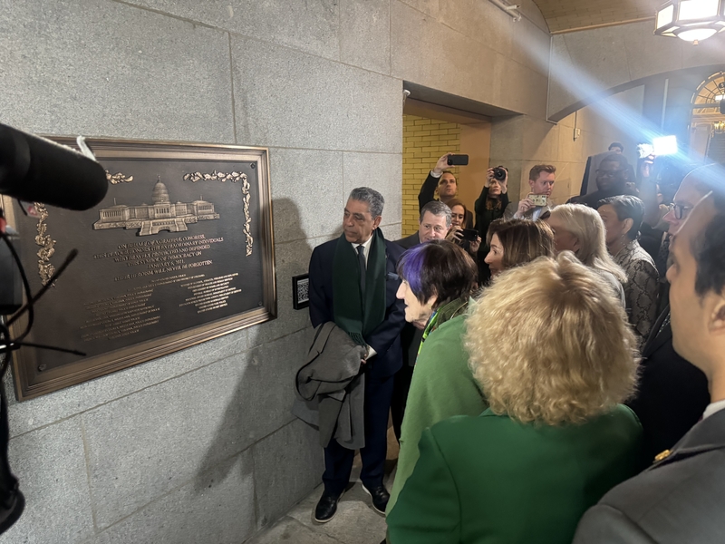 A group of U.S. House Democrats visit a plaque honoring those who protected the U.S. Capitol during the Jan. 6, 2021, insurrection on March 17, 2026. (Photo by Shauneen Miranda/States Newsroom)