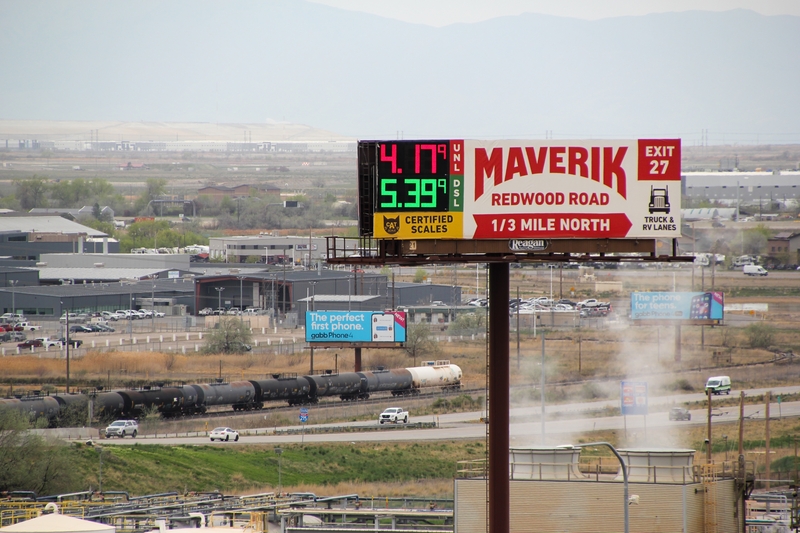 Caption: Gas prices are displayed on a billboard in North Salt Lake, Utah on Tuesday, March 31, 2026. (McKenzie Romero/Utah News Dispatch)