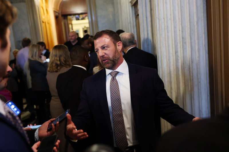 U.S. Sen. Markwayne Mullin (R-OK) speaks to reporters after a vote at the U.S. Capitol Building on March 12, 2026 in Washington, DC. The Senate failed to move forward on funding for the Department of Homeland Security. (Photo by Anna Moneymaker/Getty Images)