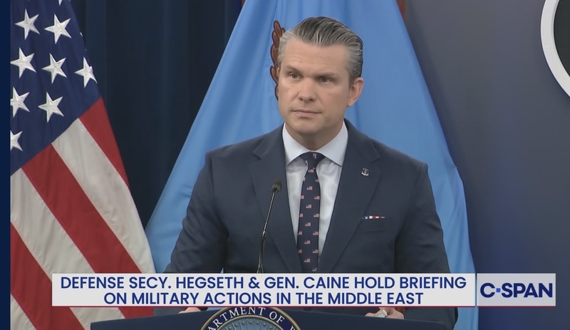 Defense Secretary Pete Hegseth speaks at a briefing at the Pentagon on March 13, 2026. (Screenshot from C-SPAN)