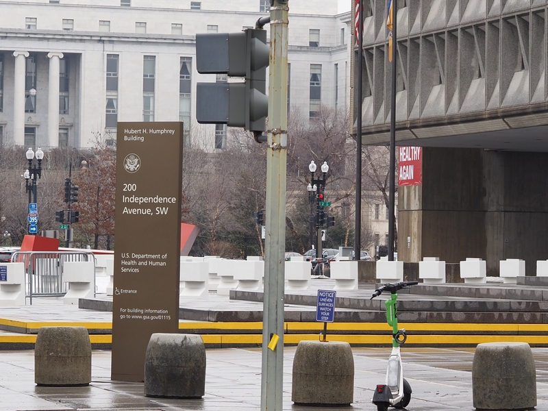 The U.S. Department of Health and Human Services in Washington, D.C., on a rainy day.