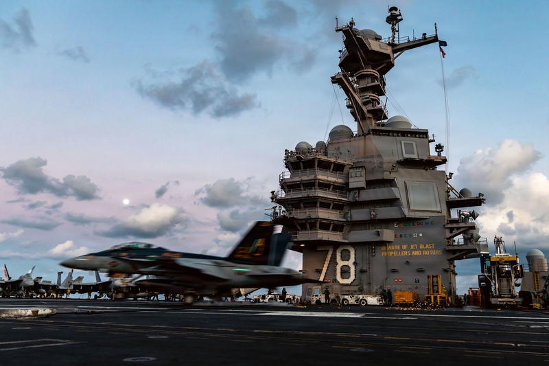 An F/A-18F Super Hornet aircraft lands on the flight deck of the USS Gerald R. Ford in support of Operation Epic Fury in the eastern Mediterranean Sea, March 2, 2026. (U.S. Navy photo)