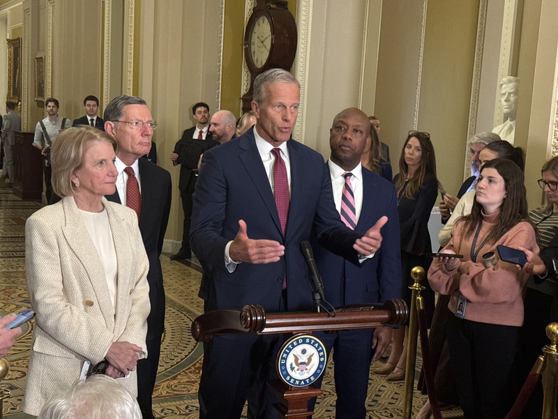 Senate Majority Leader John Thune, R-S.D., talks to reporters on March 3, 2026. (Photo by Jennifer Shutt/States Newsroom)
