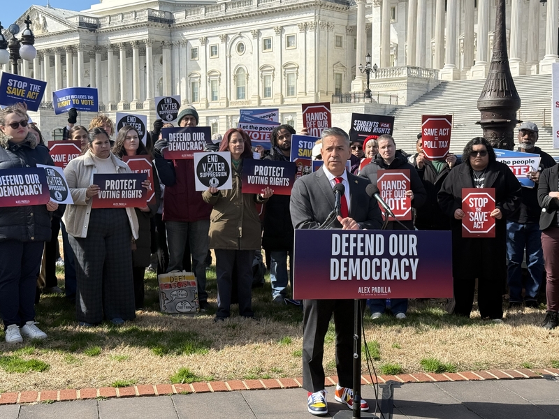 New Mexico Democratic Sen. Ben Ray Luján speaks out against a voter identification bill during a press conference outside the U.S. Capitol building in Washington, D.C., on March 18, 2026. (Photo by Jennifer Shutt/States Newsroom)